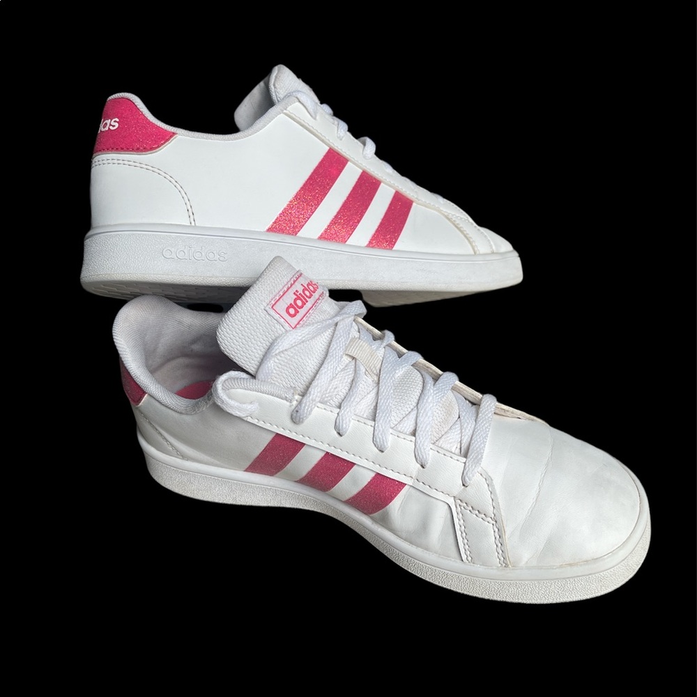 Adidas white and pink sneakers.